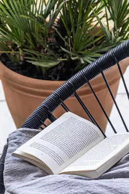 an open book sitting on a chair with a plant at Soul Living City Apartement in Chania Town