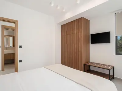a bedroom with a bed and a tv on a wall at P Project Houses in Aghii Apostoli