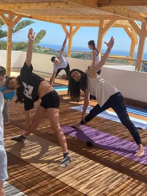 a group of people doing yoga on a yoga mat at Infinity Wellness Boutique Hotel in Afráta