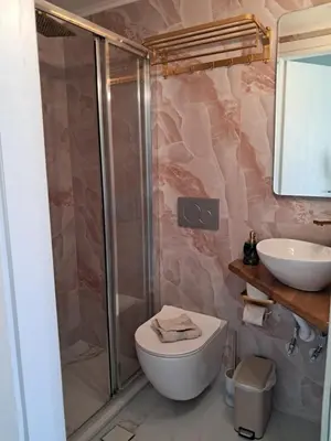 a bathroom with a shower and a toilet and a sink at Poppy Beloni in Chania Town