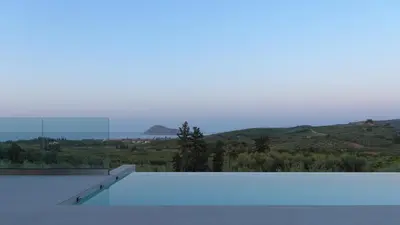a swimming pool with a view of the mountains at Blue Zone Villa, a SeaView Sanctuary with Pool, By ThinkVilla in Chania Town