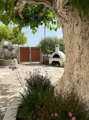 a stone building with a pizza oven in a yard at Vrysses Lodge Michael Stelianos in Vryses