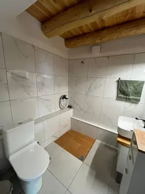 a white bathroom with a toilet and a sink at Vrysses Lodge Michael Stelianos in Vryses