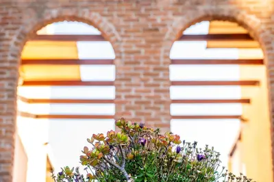 two arched windows in a brick building with flowers at Koralia's Villas in Chorafakia