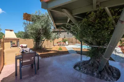 a patio with a table and a tree at Eco Olive Treehouse in Chania Town