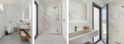 two images of a bathroom with a sink and a shower at Nemia Luxury Residence in Chania Town