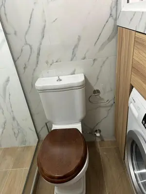 a bathroom with a toilet with a wooden seat at Marias Apartment in Chania Town