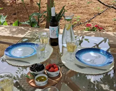 a table with two plates and a bottle of wine at MariAdni Garden House in Kissamos