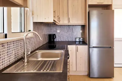 a kitchen with a sink and a stainless steel refrigerator at Everlane Seaview Villa in Arménoi