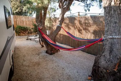 a hammock tied to a tree next to a fence at Falasarna Caravans in Falasarna