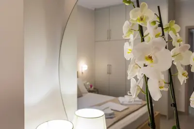 a vase with white flowers in front of a mirror at Eranthis Apartment in Chania Town