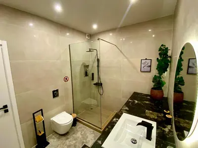 a bathroom with a shower and a toilet and a sink at Stone Luxury Suite in Galatás