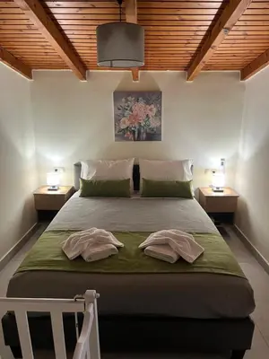 a bedroom with a large bed with two lamps at GREENHOUSE maleme in Ayiá