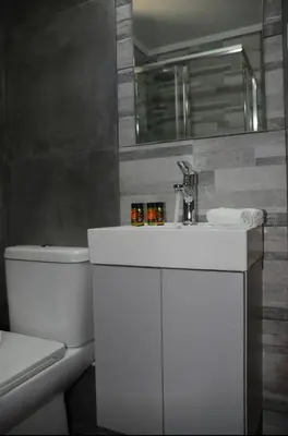 a bathroom with a sink and a toilet and a mirror at Vaso's comfort apartment 1 in Chania Town