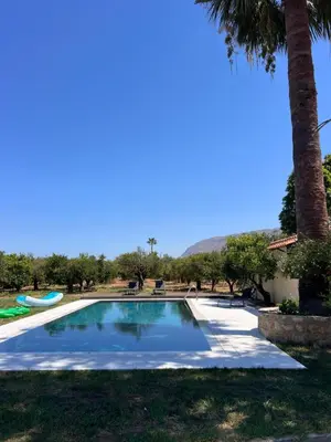 a swimming pool with a palm tree next to it at Tzortzinas Cottage in Chania Town