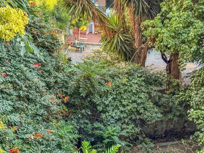 a garden with bushes and trees and a bench at All Seasons Luxury Apartment in Chania Town
