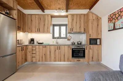 a kitchen with wooden cabinets and a refrigerator at Villa Elpida in Myloniana in Milonianá