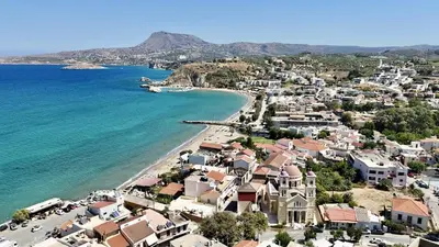 an aerial view of a town next to the ocean at Villa Amvrosia Nr Kalives Crete in Arménoi