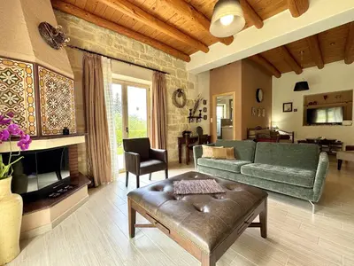 a living room with a green couch and a fireplace at Villa Olivia with Pool Vrises Crete in Alikampos