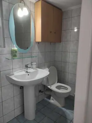 a bathroom with a sink and a toilet and a mirror at Teos App in Chania Town