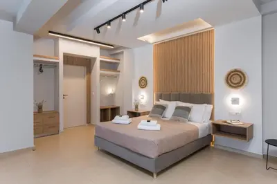 a bedroom with a large bed in a room at Olive Chrysi Luxury Villa with in-room plunge pool in Chania Town
