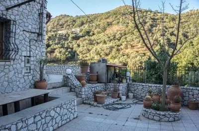 a stone patio with potted plants in front of a mountain at Diving into silence - Traditional Stone House in Kakópetros