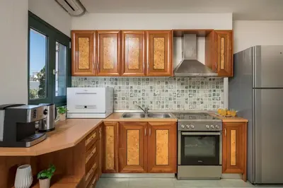 a kitchen with wooden cabinets and stainless steel appliances at Tersanas Sea Front Villas in Tersanas