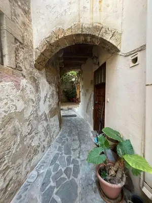 an entrance to a stone building with a potted plant at Casa Argirenia - Venetian Mansion in Old Harbour in Chania Town