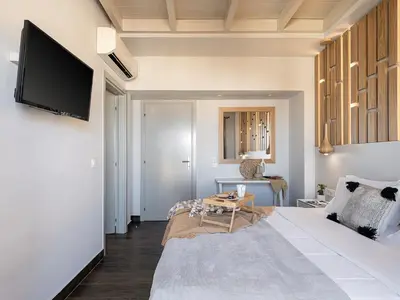 a living room with a bed and a tv on a wall at Elia Bettolo Hotel in Chania Town