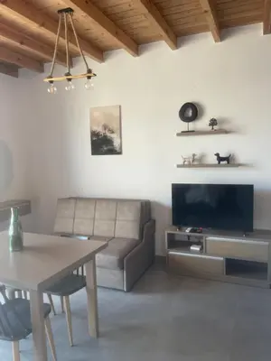 a living room with a couch and a television at Michalis-Nina studios in Livanianá