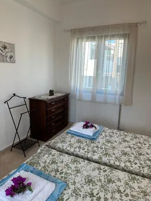 a bedroom with two beds and a dresser and a window at Villa Elpida Aspro in Koprána