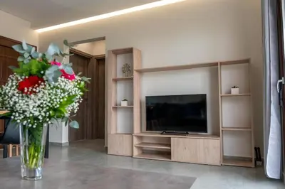 a living room with a television and a vase of flowers at Terra Blue Suites - Nefeli in Kalyves