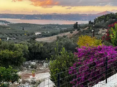 a view from a hill with flowers and a fence at Dans une villa avec piscine privée, calme, proche des plages, vues mer et montagnes in Tsivarás