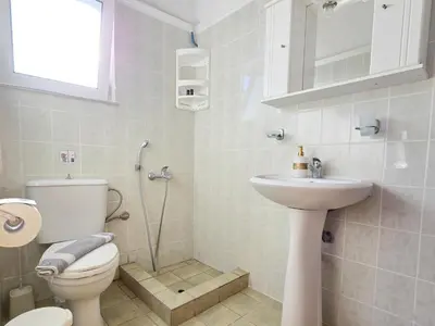 a bathroom with a toilet and a sink and a shower at Inna Rooms in Fournádhos