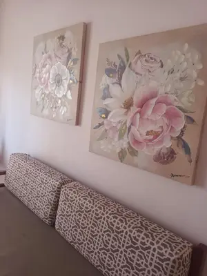 two pictures of flowers are hanging on a wall at Mairy's Apts Paleochora Mimagia in Palaiochóra