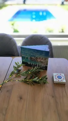 a book sitting on top of a wooden table at Villa Anastasia Sissy in Módhion