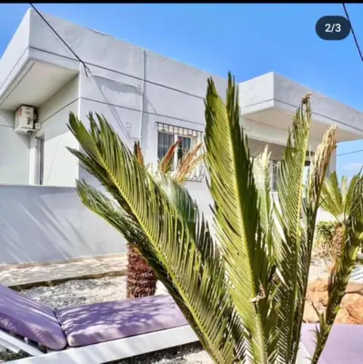 a palm tree in front of a white house at Villa Archontoula in Kambánion