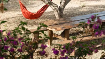 a hammock hanging from a tree next to a wooden bench at WHITE MOUNTAINS Nature Home in Arménoi