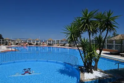 a large swimming pool with a palm tree in a resort at Nea Kydonia suites and studios in Daratso