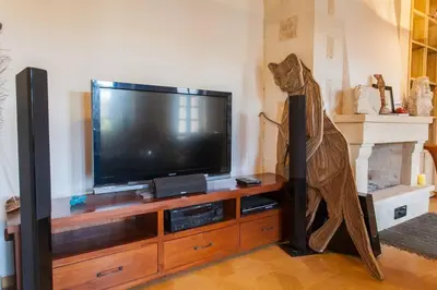 a cat statue is standing in front of a television at Luxurious Venetian 3 FLOOR HOUSE in the old port in Chania Town