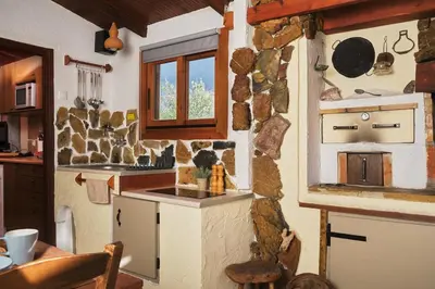 a kitchen with a stone wall with a sink and a stove at theVotsalo Eco house in Agios Padeleimon