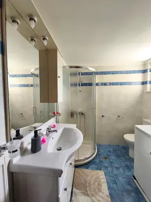 a bathroom with a sink and a shower at Van Gogh & Monet apartments in Maleme