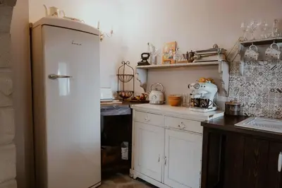 a kitchen with a white refrigerator and a counter at Ewa's Cretan Vintage Houses in Kharkhalianá
