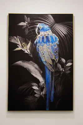 a painting of a blue bird on a black background at Breezy Sea View Appartment in Chania Town