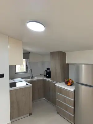a kitchen with wooden cabinets and a silver refrigerator at Welcome U2 in Gerani Chanion