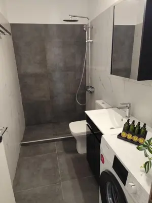 a bathroom with a shower with a toilet and a sink at Stone Villa Aori in Pemónia