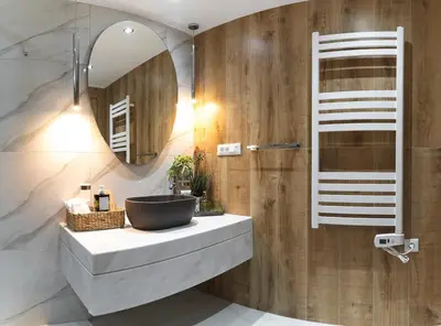 a bathroom with a sink and a mirror at Villa Orama - Sea view with private pool in Kalyves