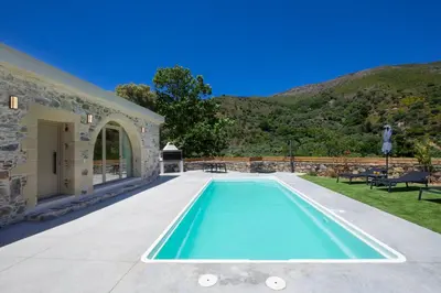 a swimming pool in the backyard of a house at Villa George in Límni