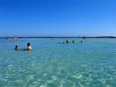 a group of people swimming in the water at Villa George in Límni