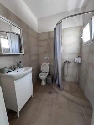 a bathroom with a toilet and a sink and a shower at Petra Homes Temenia in Teménia